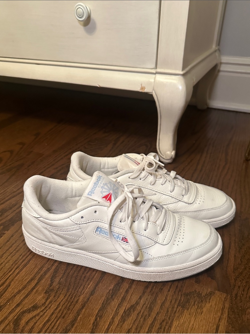 Reebok White Low-Top Leather Sneakers with Subtle Red/Blue Logos
